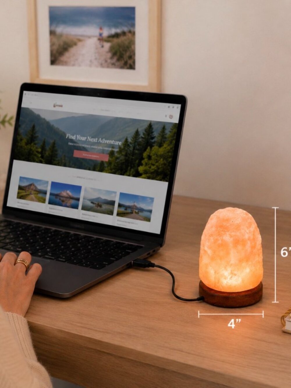 Lamp USB Small 6" Desktop Himalayan Salt USB Lamp Wooden Base Pink Orange Glow